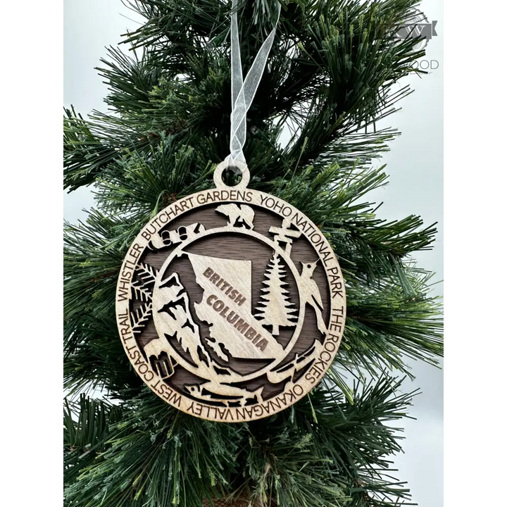 Wooden British Columbia souvenir ornament for Canadian provincial Christmas decor
