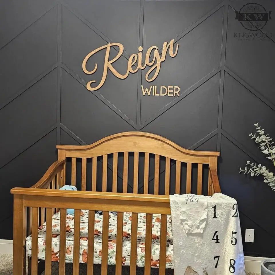 Laser cut wooden baby crib decor with personalized name sign for home decoration