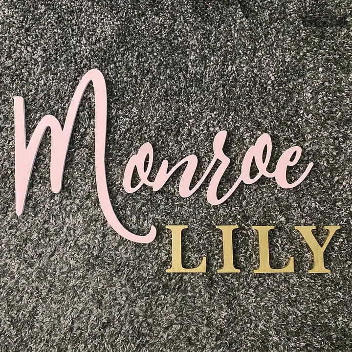 Pink and gold laser cut wooden name sign for home decor and personalized cutting boards