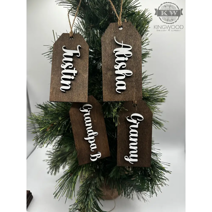 Laser cut custom wooden Christmas stocking name tag ornament for personalized holiday decor
