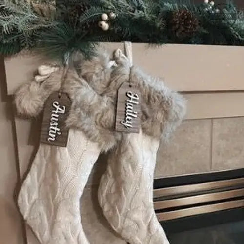 Laser cut personalized wooden Christmas stocking name tag for custom wooden Christmas decor