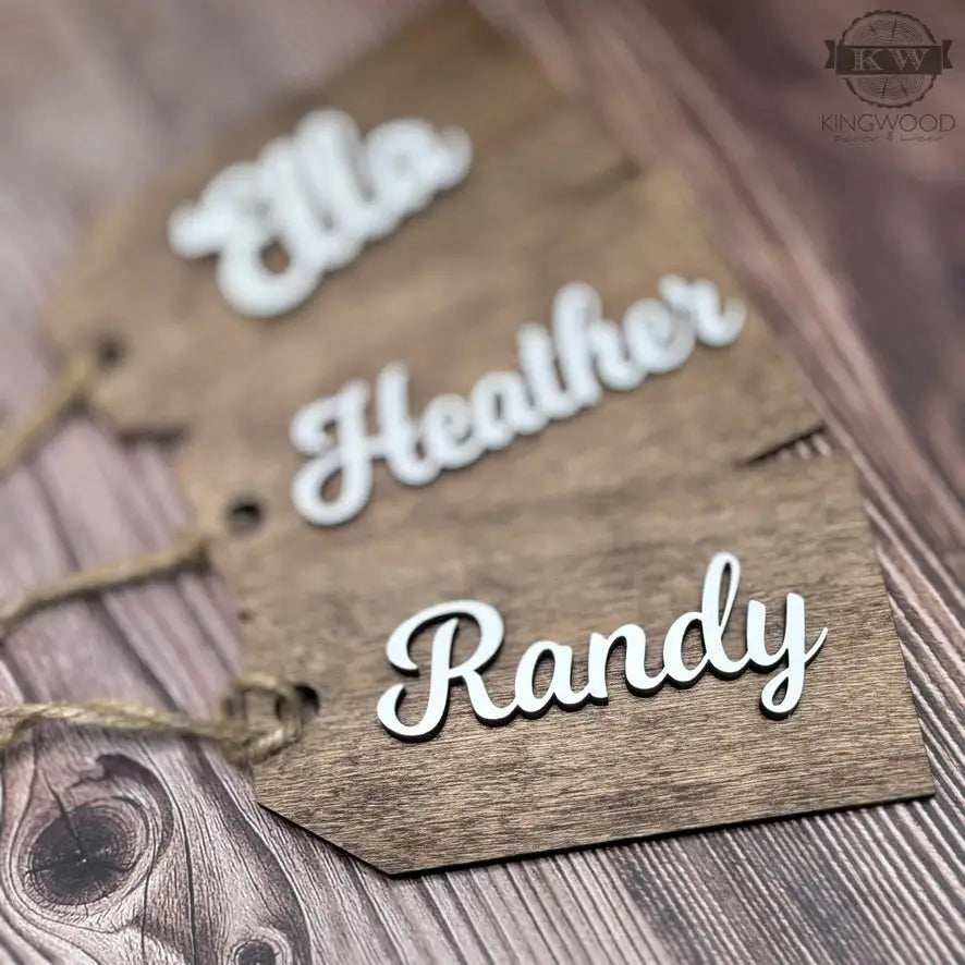 Personalized laser cut wooden Christmas stocking gift tags for custom wooden Christmas ornaments