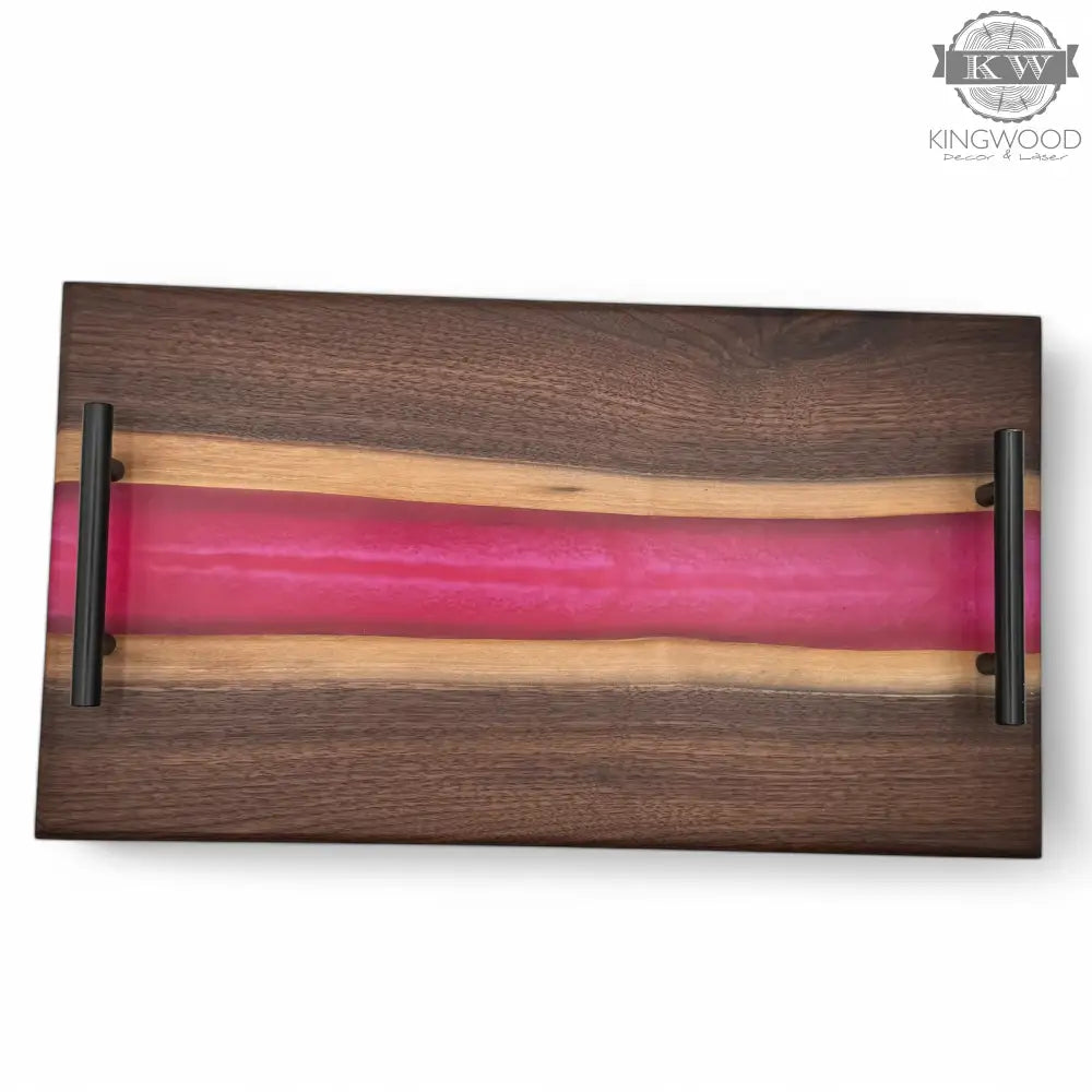 Epoxy charcuterie board with black metal handles and walnut