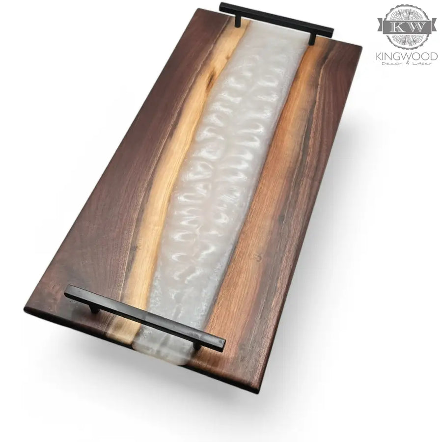 Epoxy charcuterie board with black metal handles in walnut