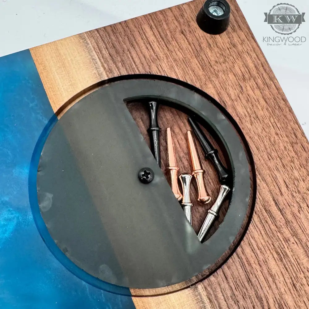 Wooden and blue resin board with hardware on a white background
