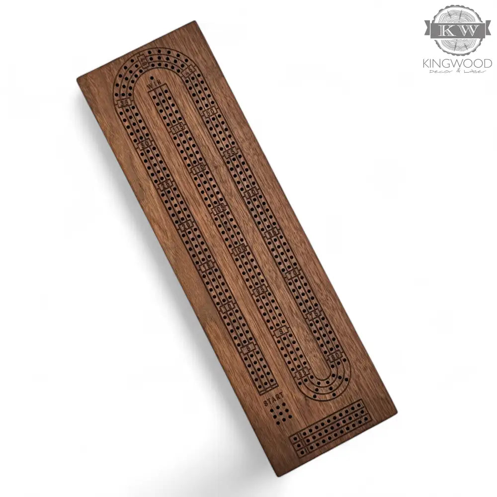Handcrafted walnut cribbage board with metal pegs