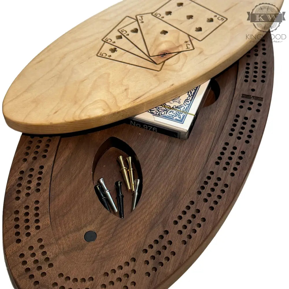 Handcrafted walnut cribbage board with metal pegs