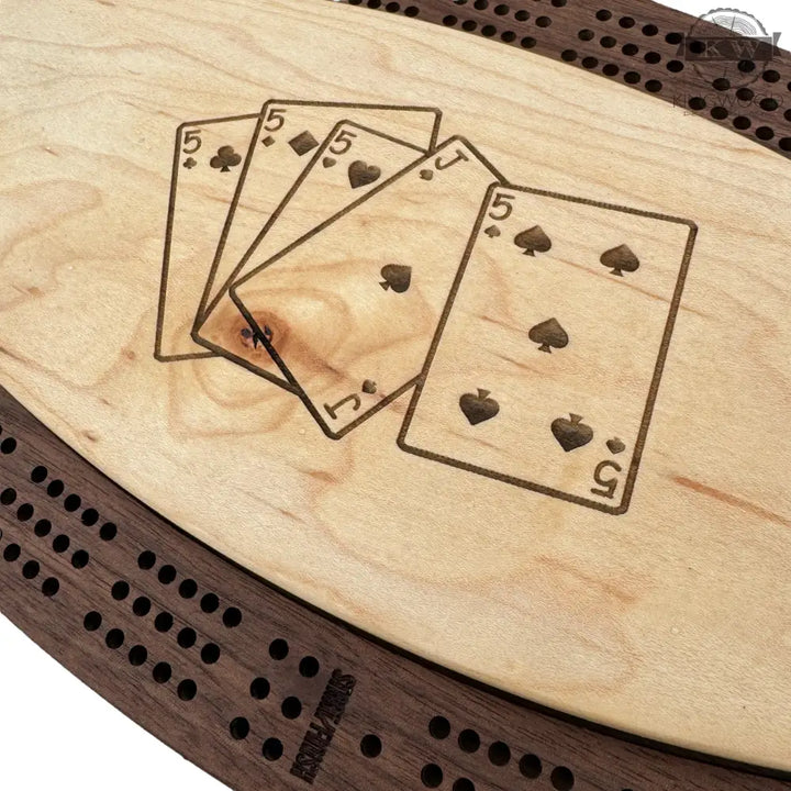 Handcrafted walnut cribbage board with metal pegs