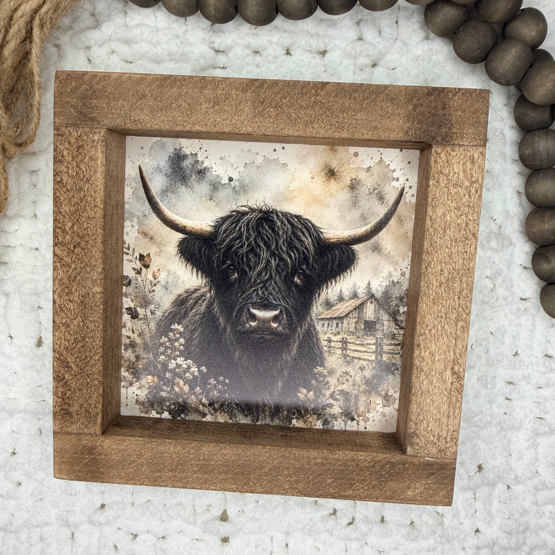 Rustic Highland cow 6 x 6 inch wood framed sign