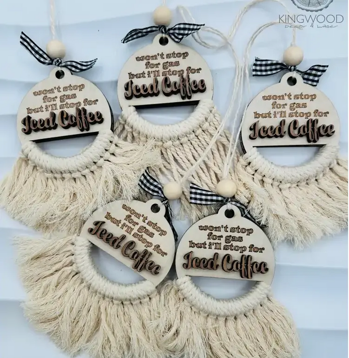 Iced coffee car charm rearview mirror accessory, laser-cut and handcrafted in Canada