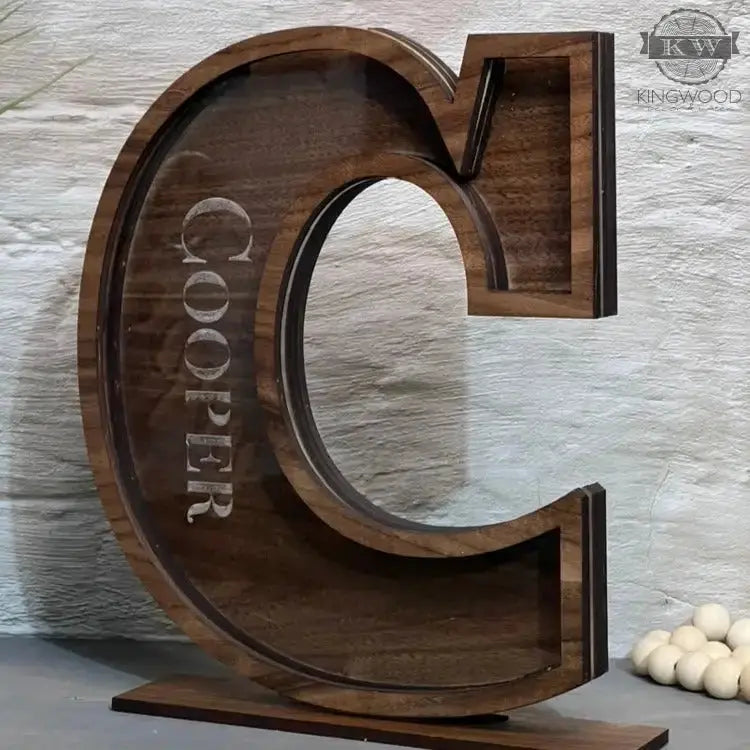 Kids wooden letter C coin bank for saving coins and learning about money