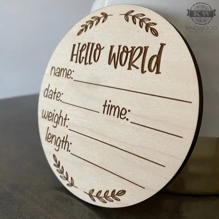 Laser engraved wooden birth stats disc for baby announcement decor and cutting boards