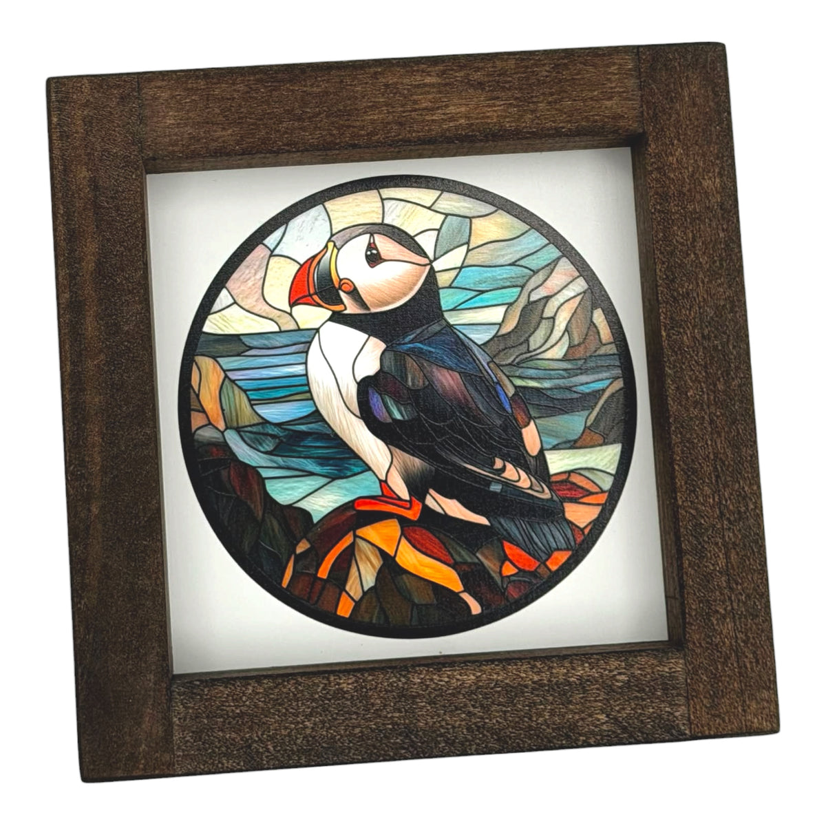 Colourful Newfoundland puffin artwork in a 6 x 6 inch wood frame
