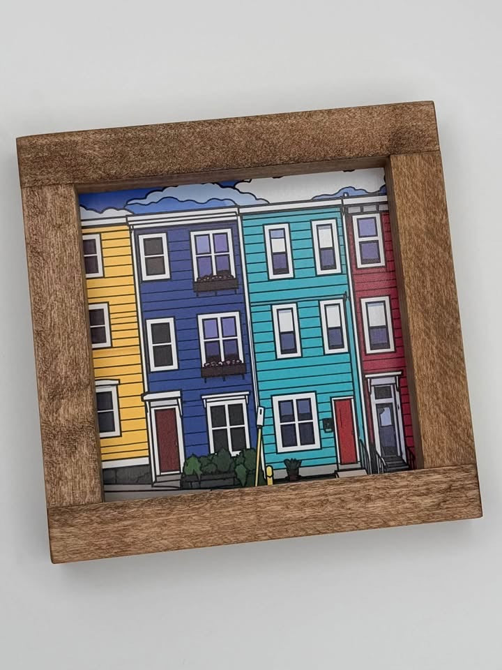 Colourful Newfoundland row houses in a 6 x 6 inch wood frame