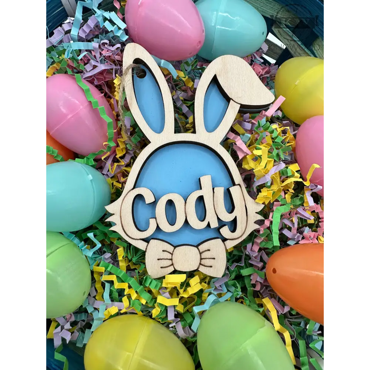 Personalized easter bunny basket tag for baskets and decor