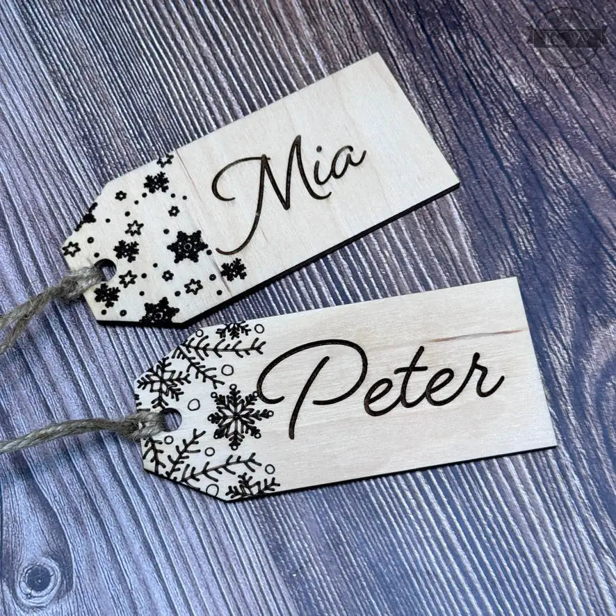 Personalized engraved stocking tags for Christmas ornaments and custom wooden stockings