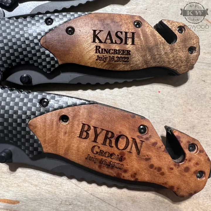 Engraved personalized folding pocket tool with wooden handle and stainless steel blade