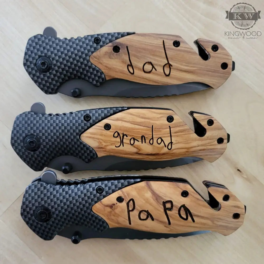 Personalized folding pocket tool with wooden handle and stainless steel blade