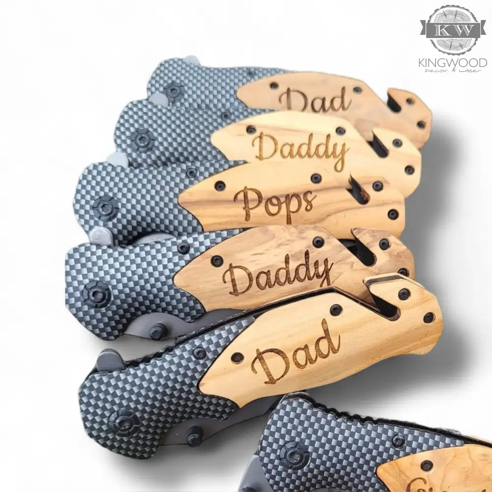 Personalized folding pocket tool with wooden handle and stainless steel blade, ideal pocket tool