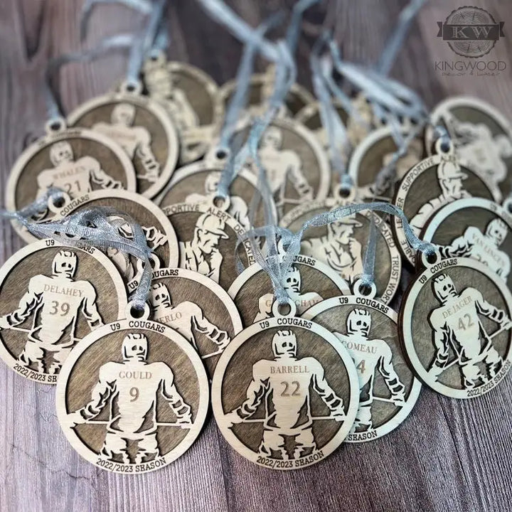 Personalized hockey ornament engraved wooden christmas tree