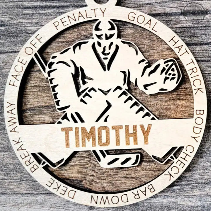 Personalized hockey ornament engraved wooden christmas tree
