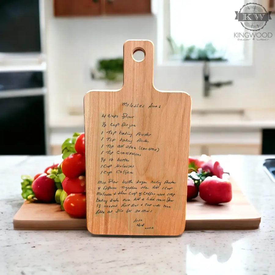 Personalized maple cutting board with handwritten recipe engraving showcasing a custom cutting board with handwritten recipe