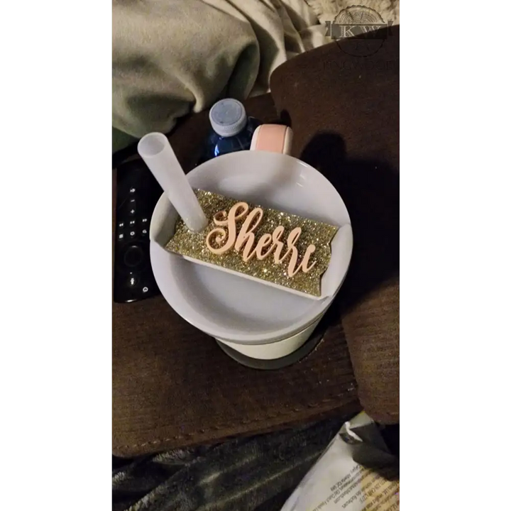 Personalized nameplate topper for stanley cup drinkware