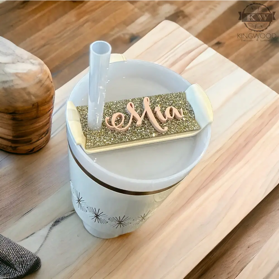 Personalized nameplate topper for stanley cup drinkware