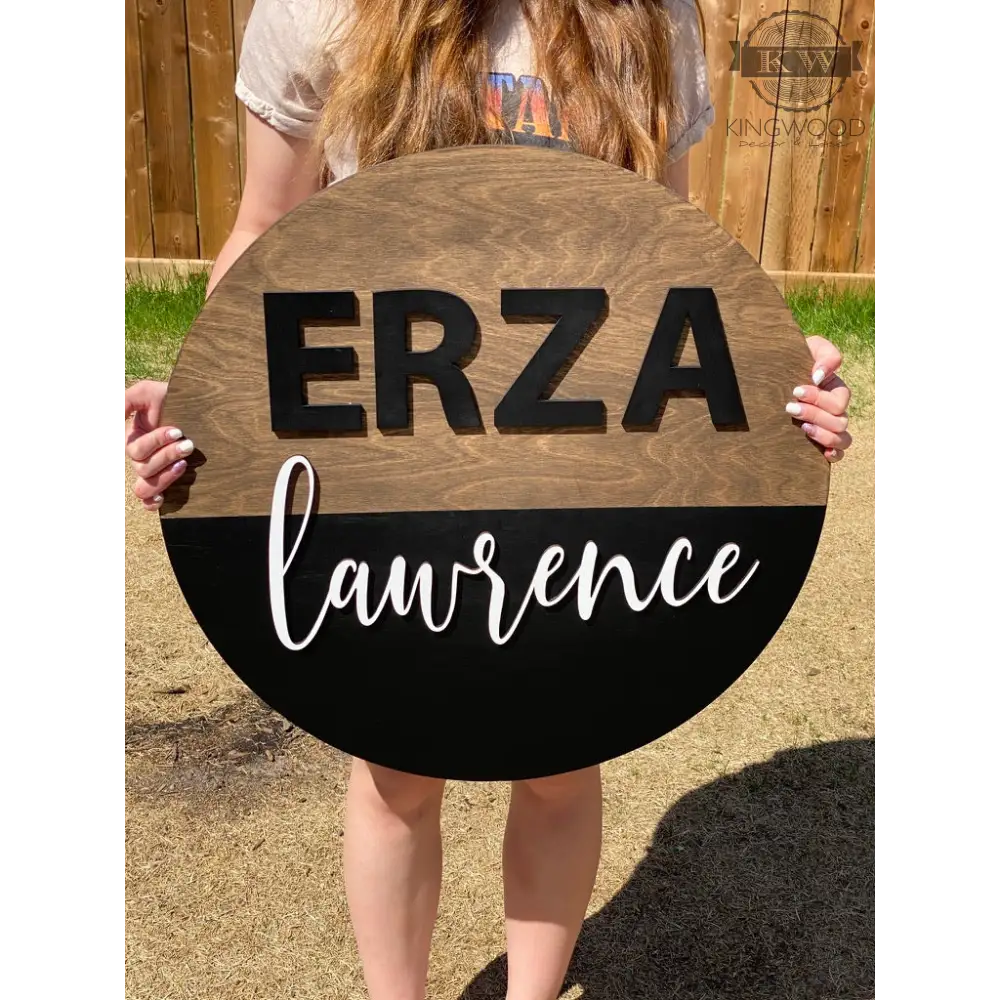 Rustic baby nursery round sign with two-tone finish and raised lettering for personalized decor