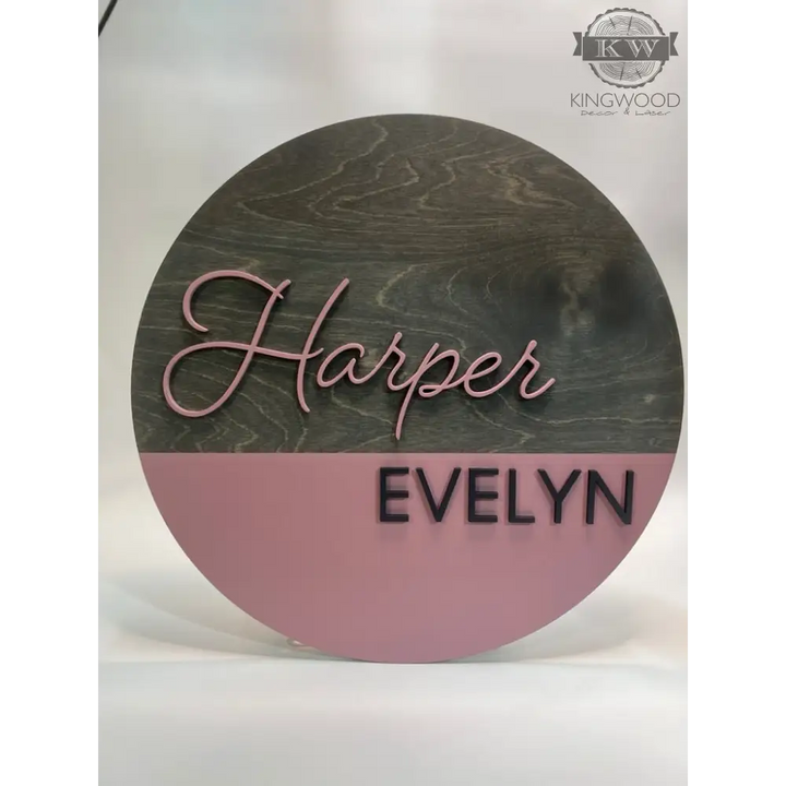 Rustic baby nursery round sign with two personalized names for decor