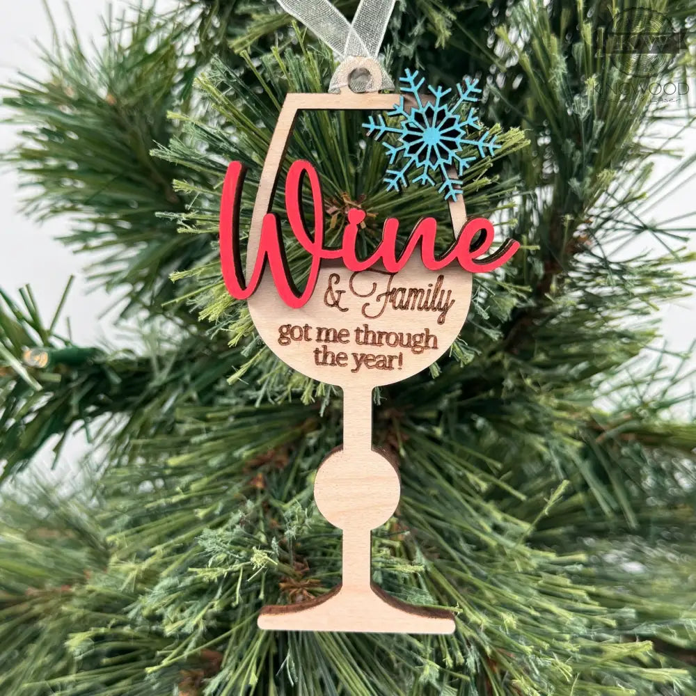 Wine and family ornament decor for holiday trees fort