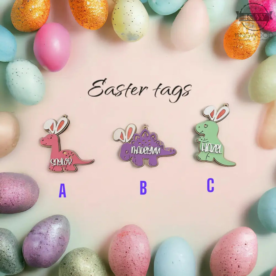 Wooden dinosaur easter tags in assorted colors and styles