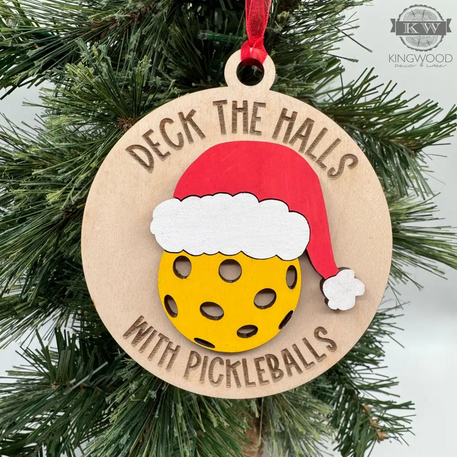 Wooden ornament deck the hall with pickleballs holiday
