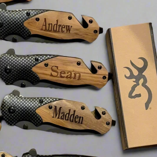 Personalized folding pocket tool with wooden handle and stainless steel blade in Browning box