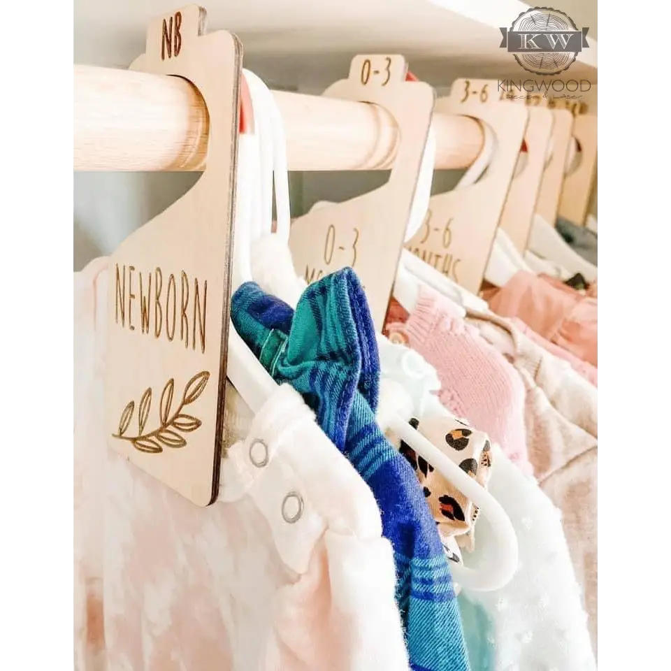 Custom engraved wooden baby clothes hanger with clothes hanger dividers for nursery closet