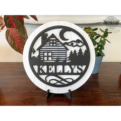 Cabin - personalize round shiplap signs with stand gifts, 