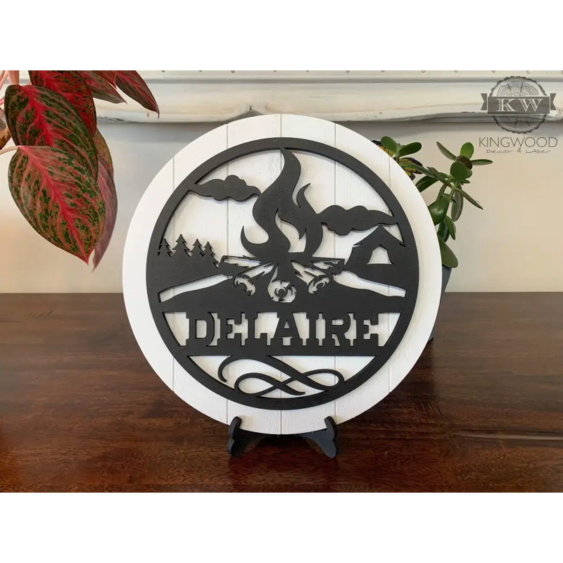 Campfire - personalize round shiplap signs with stand gifts,
