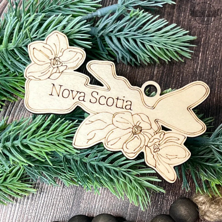 Wooden Canadian Provincial Christmas ornament featuring Nova Scotia laser cut decoration