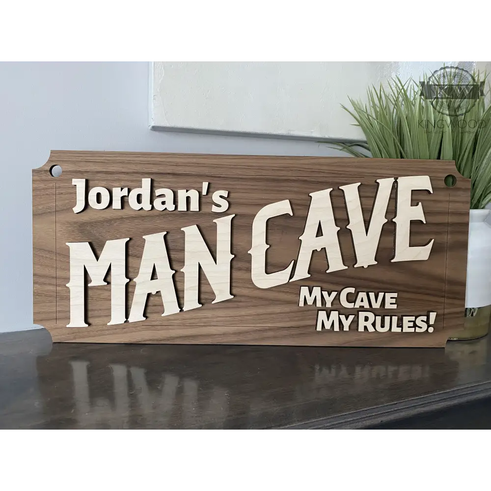 Personalized wooden man cave sign featuring walnut and maple material for cave decor