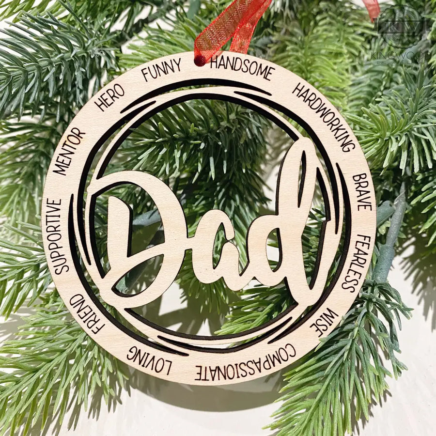 Elegant wooden Dad ornament for Christmas decor in Fort McMurray featuring engraved maple wood