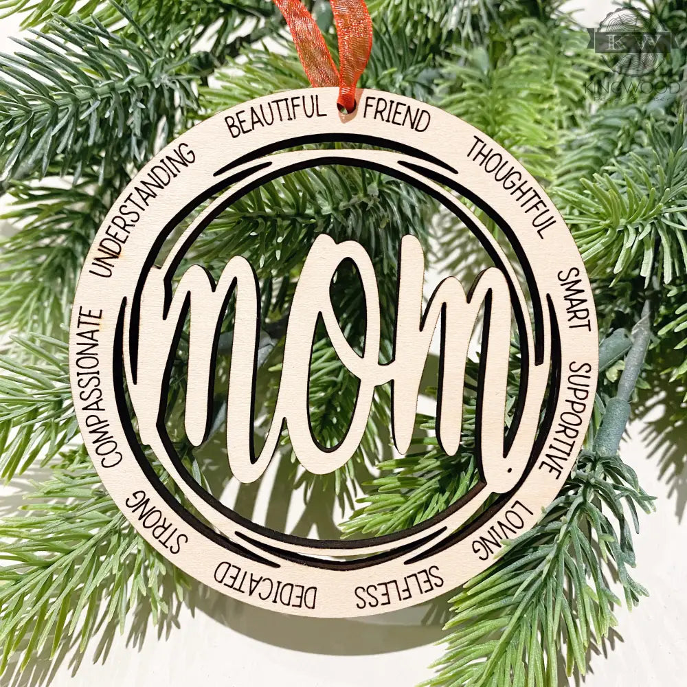 Maple wood mom ornament for Christmas decor in Fort McMurray featuring wooden design