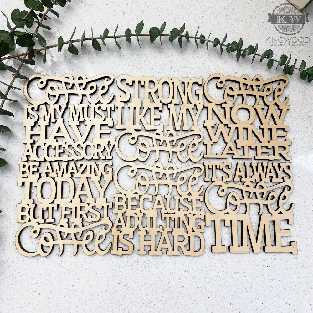 Laser cut coasters featuring wooden coffee-themed word art design for elegant decor