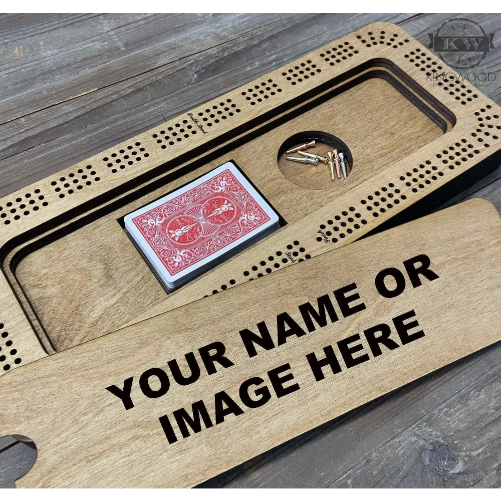 Personalized Baltic Birch cribbage board with storage compartment and metal pegs for gaming