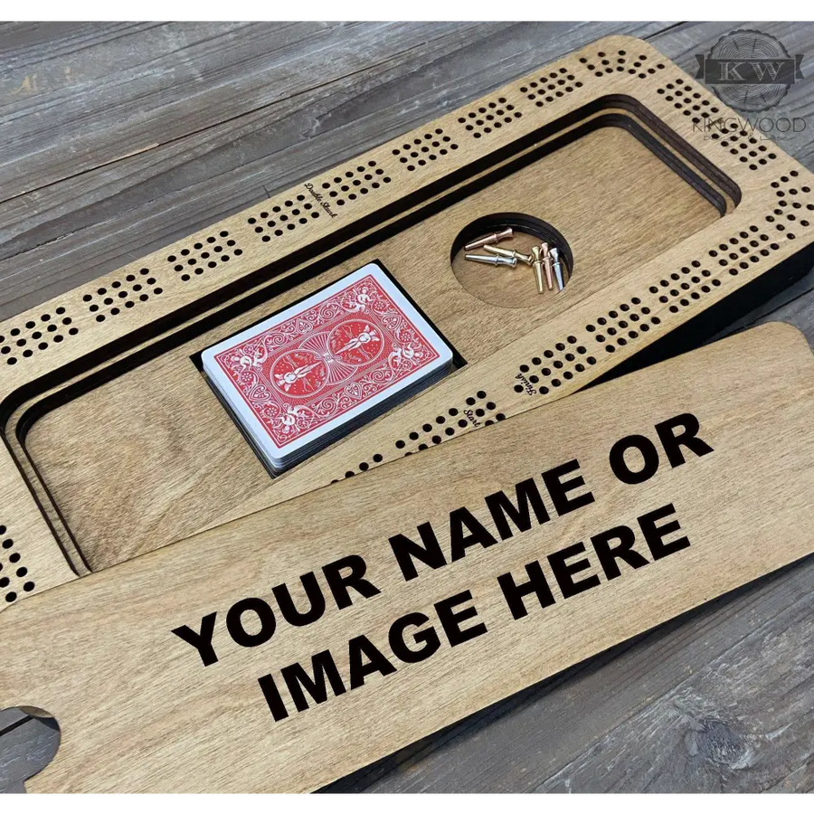 Personalized Baltic Birch cribbage board with storage compartment and metal pegs for gaming