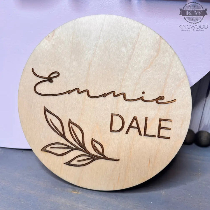 Engraved wooden name plaque on natural birchwood with unique grain for cutting boards