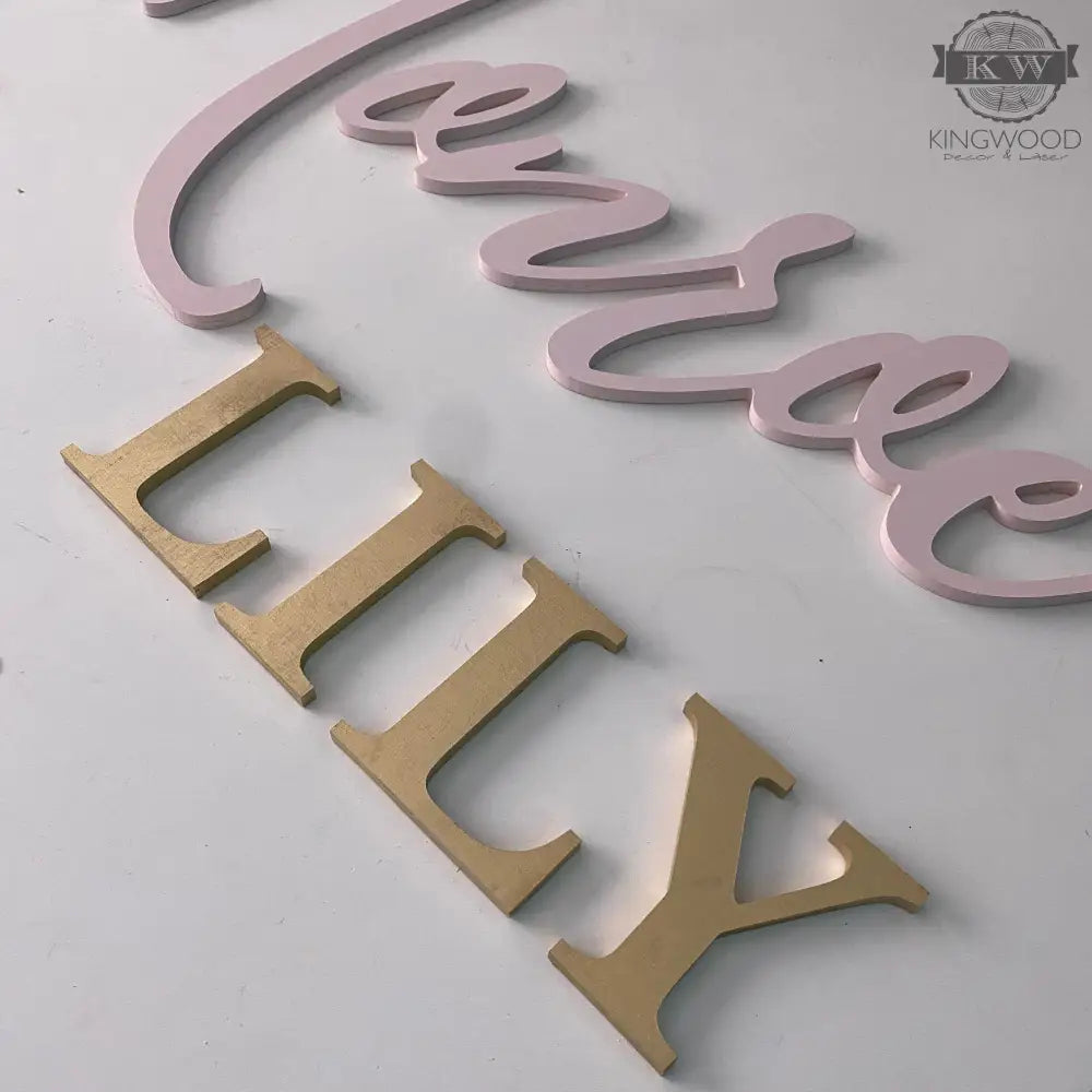Pink and gold laser cut wooden name sign for home decor displays personalized cutting boards