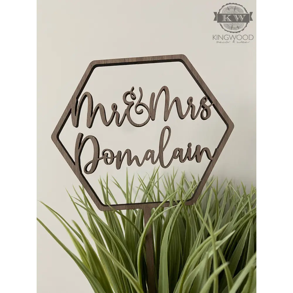 Wooden hexagonal wedding cake topper for custom wedding cake toppers and cake toppers