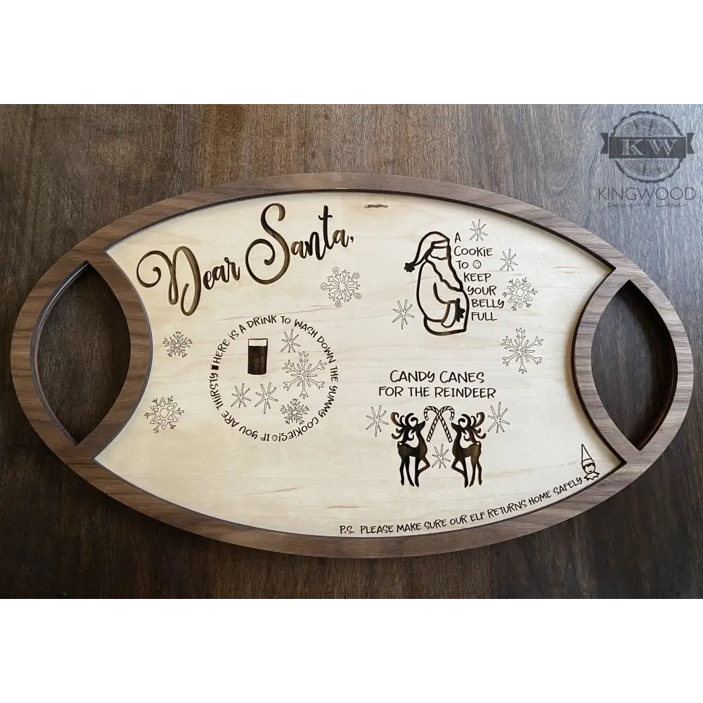 Oval wooden Santa tray for Christmas Eve treats, ideal as a dear Santa or santa tray cutting board