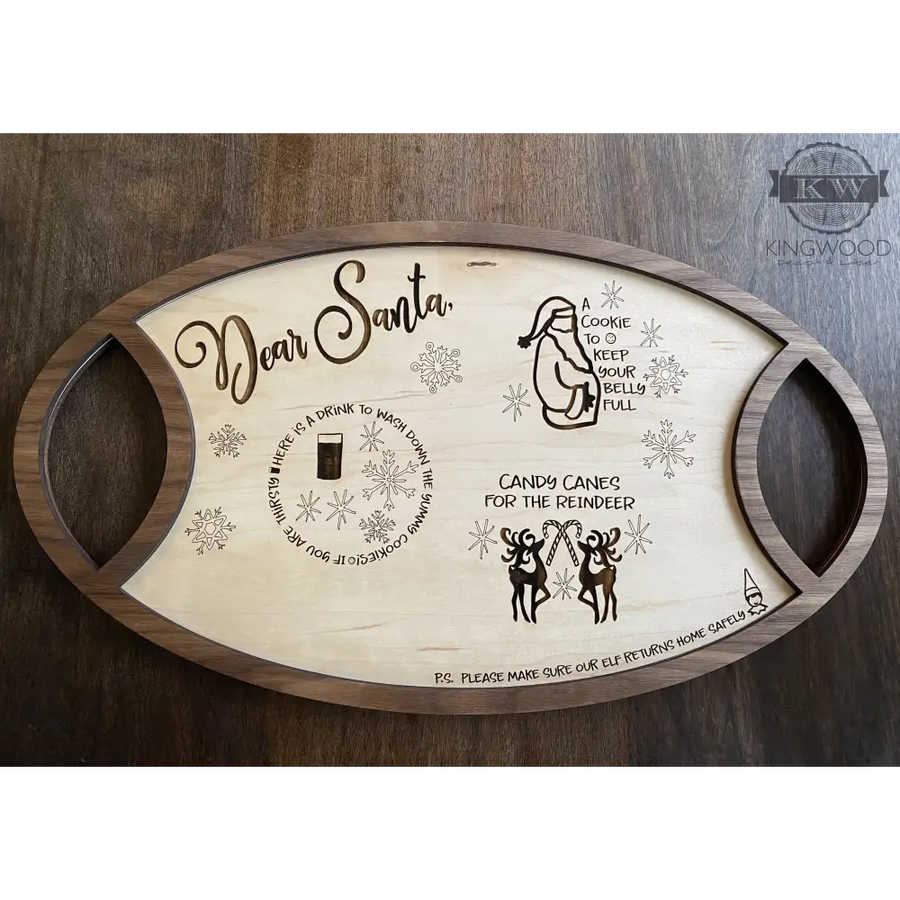 Oval wooden Santa tray for Christmas Eve treats, ideal as a dear Santa or santa tray cutting board