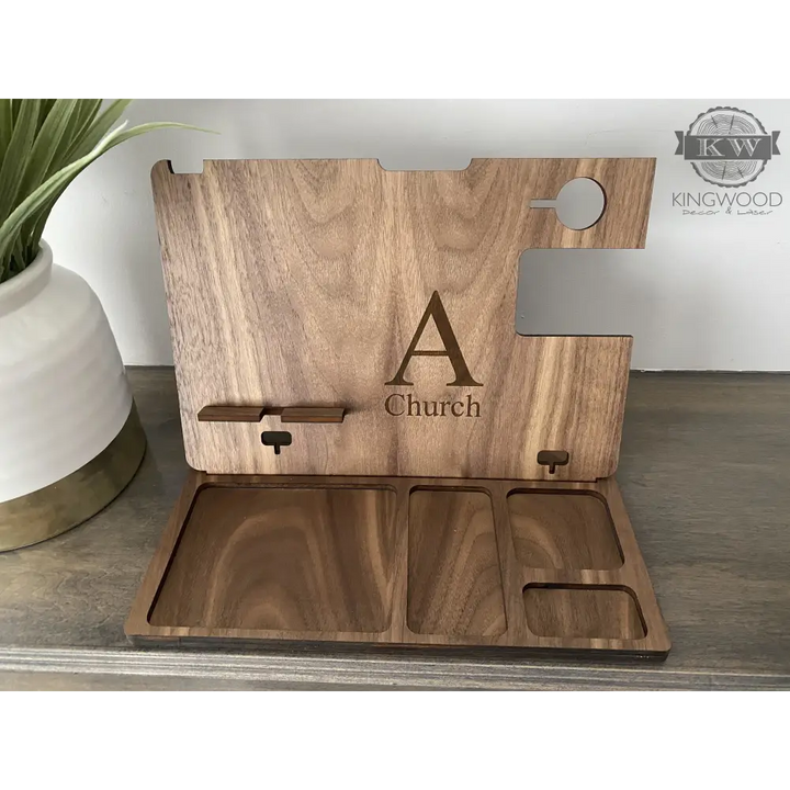Wooden docking station organizer for smart phone, Apple Watch, and accessories